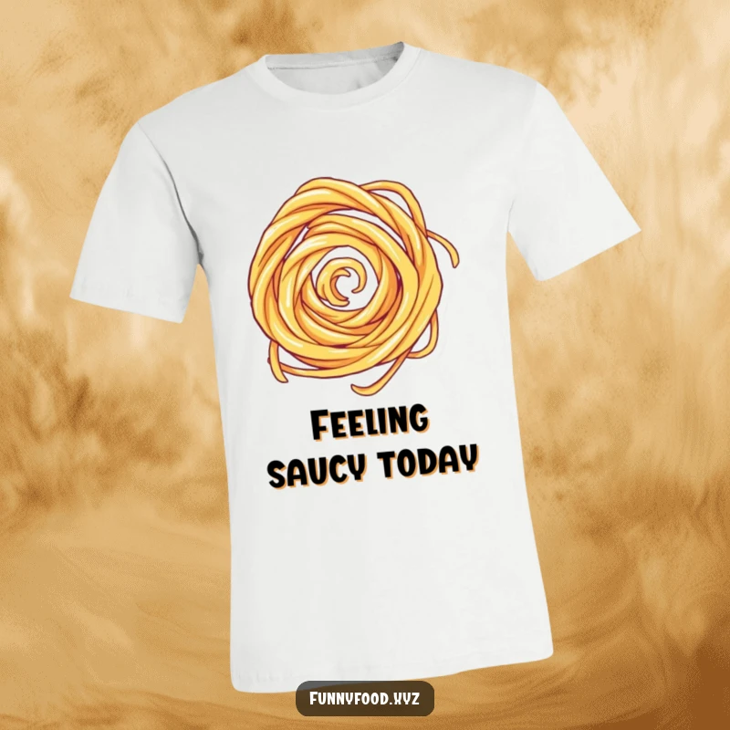 Funny t-shirt with a swiftly spinning pasta swirl, conveying a humorous love for food and fun.