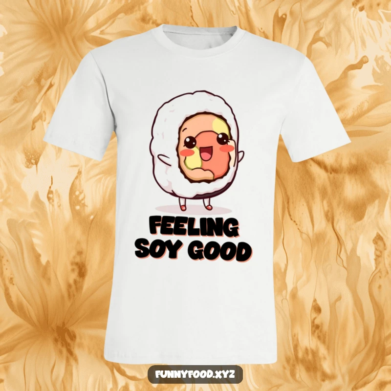 Funny t-shirt depicting a delighted sushi roll energetically doing a small shuffle, full of happy movement and charm.