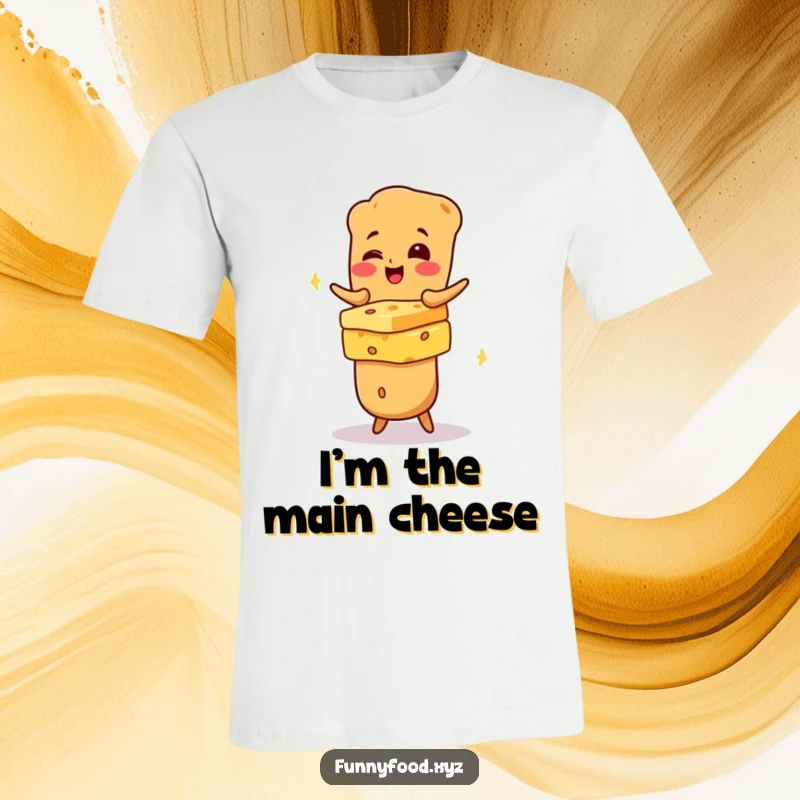 Funny giggling baguette character balancing a tower of cheese, printed on a t-shirt for a hilarious food-themed outfit.