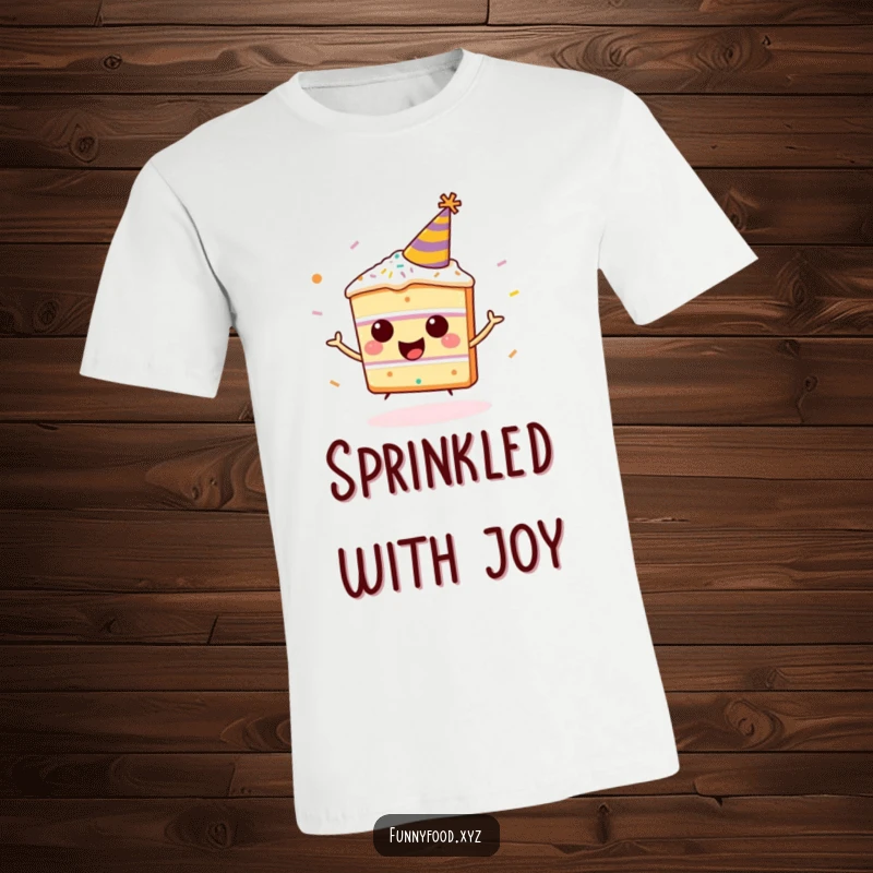 Funny happy cake slice t-shirt, wearing a party hat, joyfully bouncing with sprinkles, conveying a humorous party vibe.