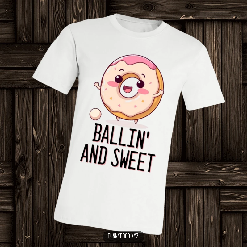 Funny donut t-shirt featuring a delighted donut character in mid-bounce with a tiny ball, exuding pure joy.