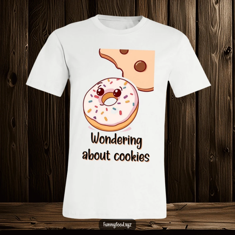 Funny doughnut t-shirt, with sprinkles, curiously looking up at a cookie, a humorous and relatable snack-time moment.