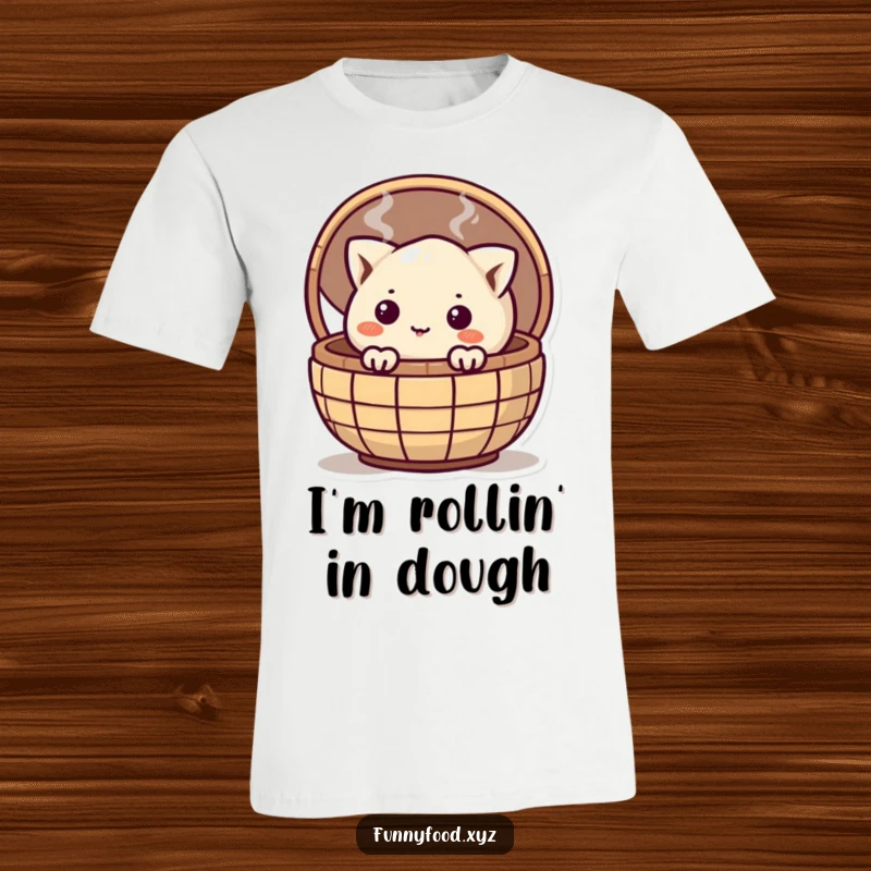 Funny curious dumpling peeking from a steamy basket, printed on a t-shirt for a charming and humorous look.