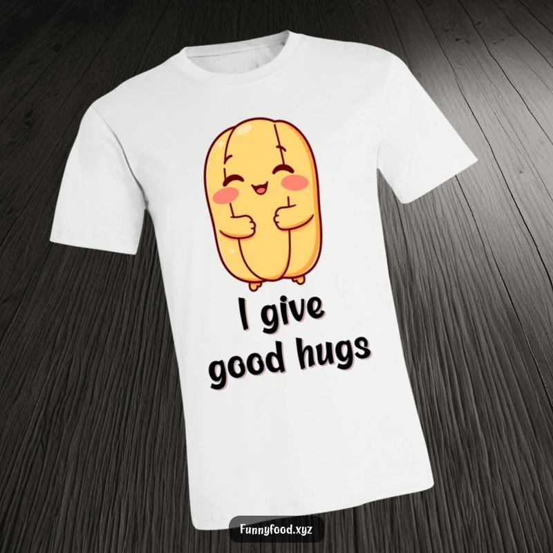 Funny hot dog bun t-shirt featuring a cheerful bun in a loving embrace, perfect for casual wear and spreading happiness.