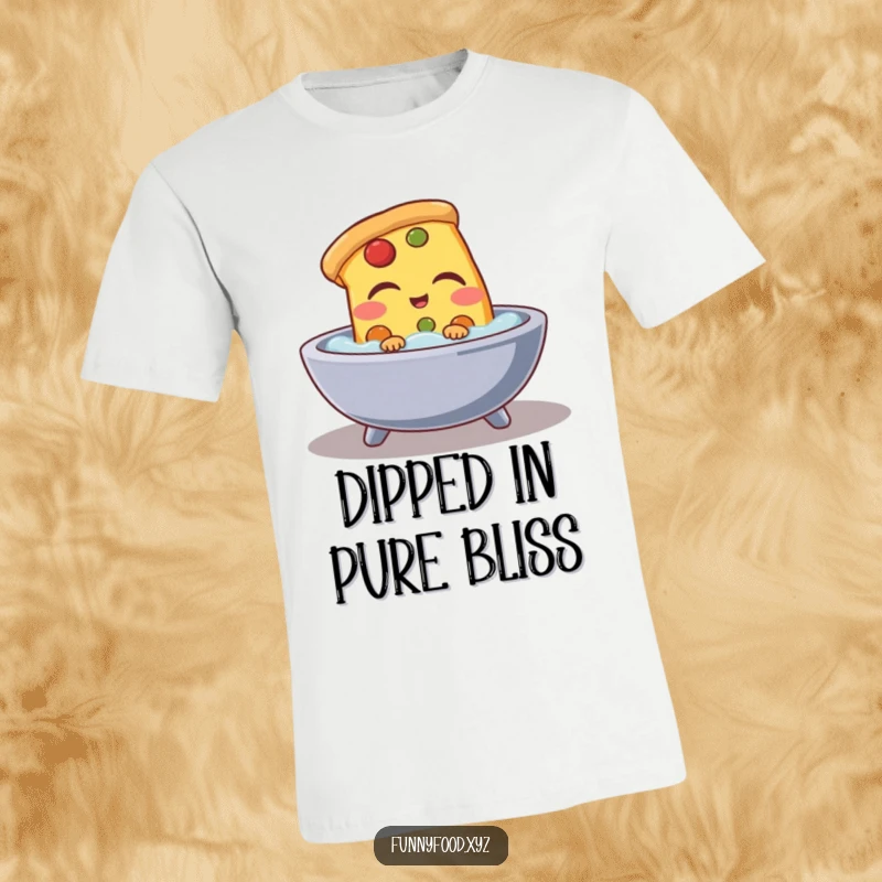 Funny pizza slice t-shirt, showing a relaxed pizza slice with closed eyes enjoying a warm bubble bath, a humorous design.