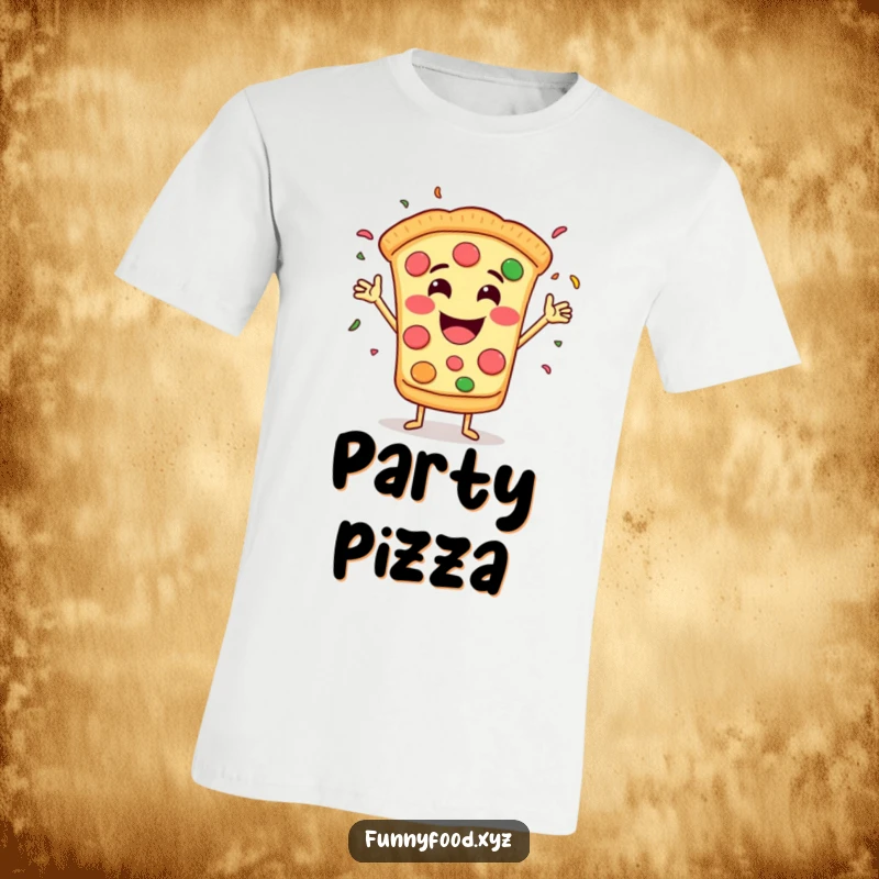 Funny t-shirt with a grinning pizza slice happily throwing confetti, radiating pure party joy and cheesy fun.