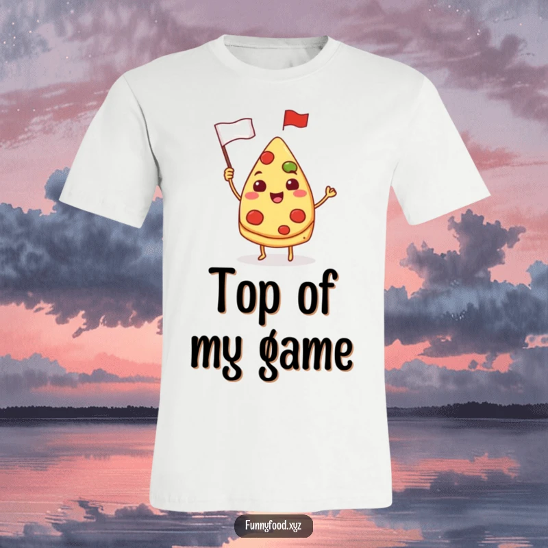 Funny pizza slice t-shirt, a smiling pizza slice waving a tiny flag, celebrating food with a cheerful design.