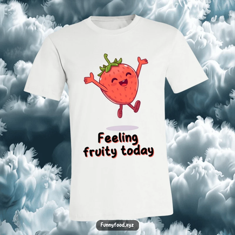 Funny t-shirt showing a gleeful anthropomorphic strawberry performing an energetic, playful leap high into the sky.
