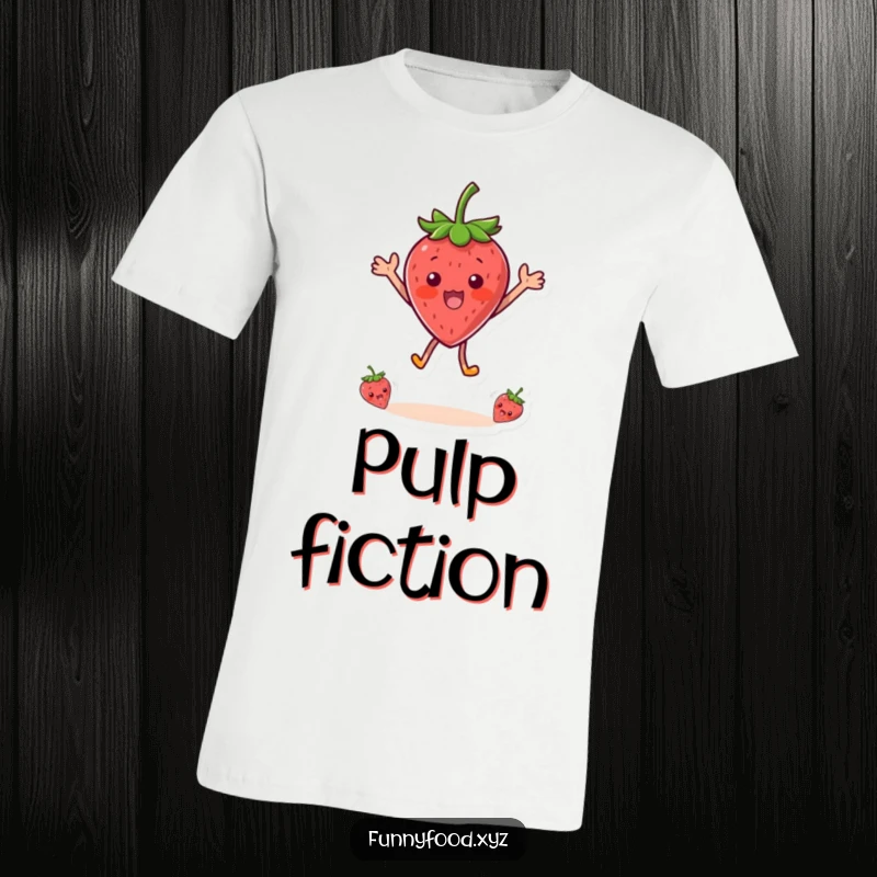 Funny t-shirt showcasing a surprised strawberry character mid-jump, expressing pure joy and excitement with a playful, energetic vibe.