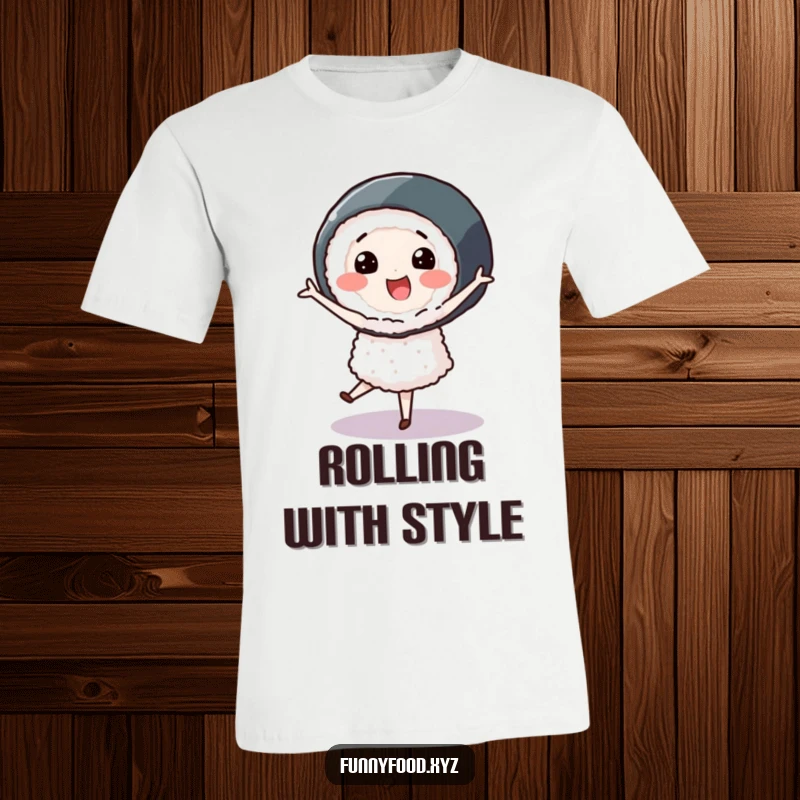 Smiling sushi roll character performing a graceful pirouette, depicted on a humorous and artistic t-shirt.