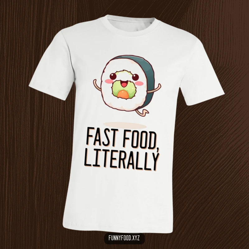 Funny sushi t-shirt, a happy sushi roll with legs running enthusiastically, energetic and fun food apparel.