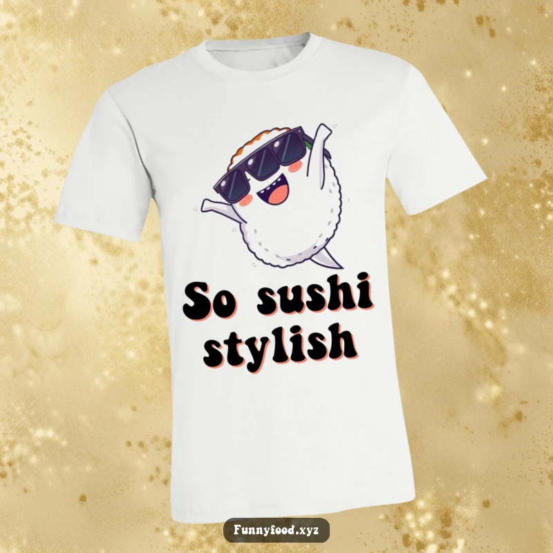 Funny t-shirt featuring a delighted sushi character wearing cool sunglasses and executing a dynamic backflip with joyful abandon.
