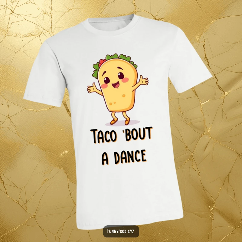 A cheerful taco person in mid-silly dance, smiling gleefully on a soft, comfortable t-shirt.