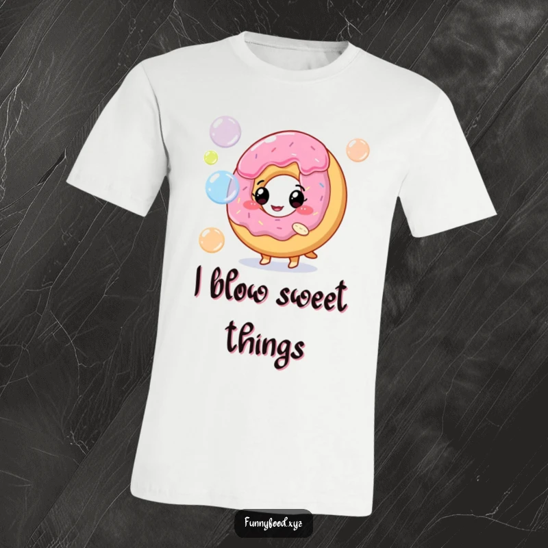 Funny t-shirt featuring a happy donut character playfully blowing vibrant, colorful bubbles into the air.