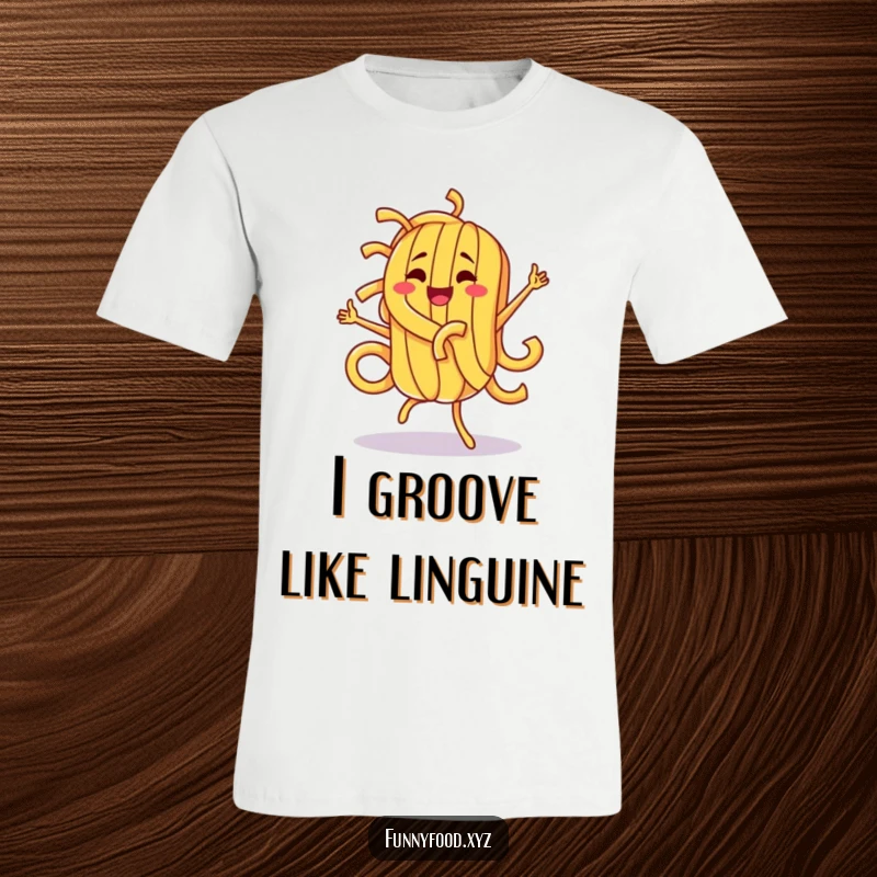 Funny pasta character performing a ridiculously silly dance, printed on a tee for ultimate foodie fun and laughter.