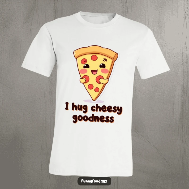 Funny t-shirt with a happy pizza slice character giving a big, warm, comforting hug to everyone.