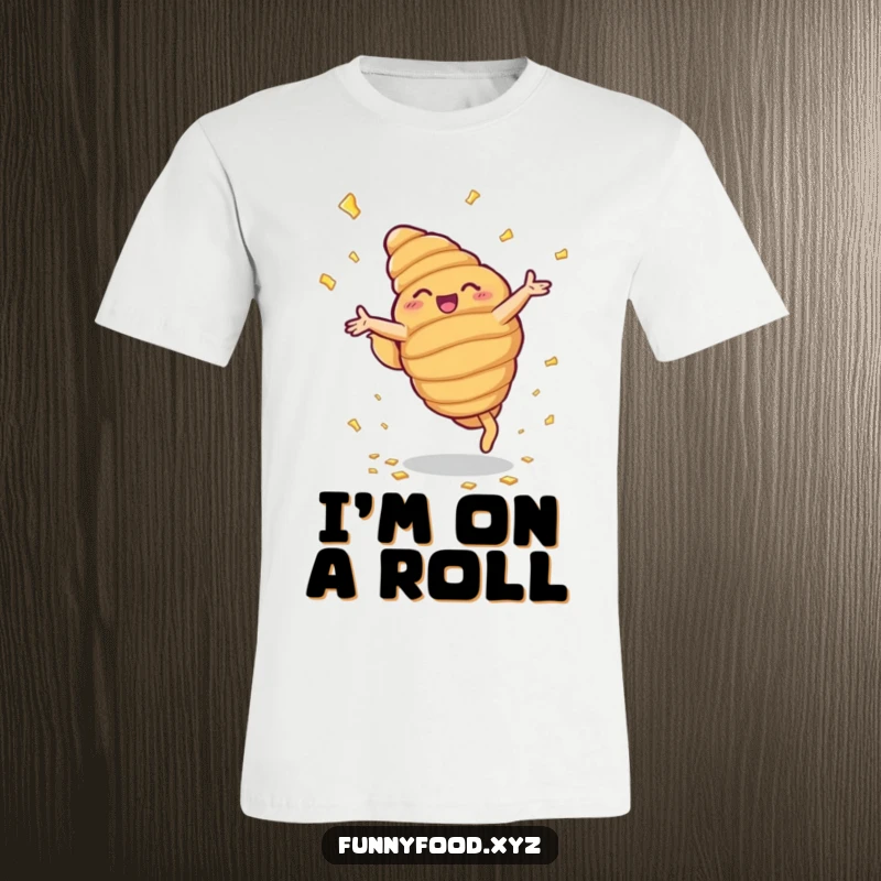 Funny t-shirt with a beaming anthropomorphic croissant doing cartwheels, showering buttery flakes, a baker's dream.