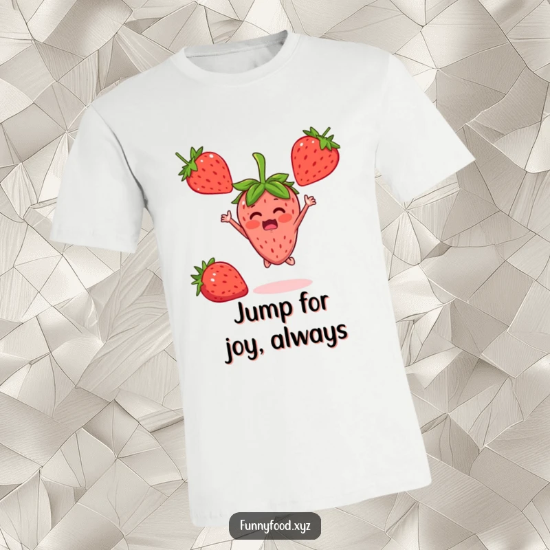 A surprised strawberry character depicted mid-jump with joy, wearing a happy expression on a t-shirt.