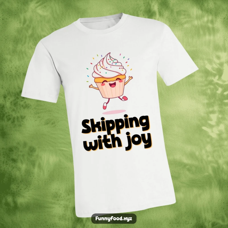 Funny cupcake t-shirt featuring a cheerful cupcake character in a skipping motion with sprinkles dramatically flying outwards.