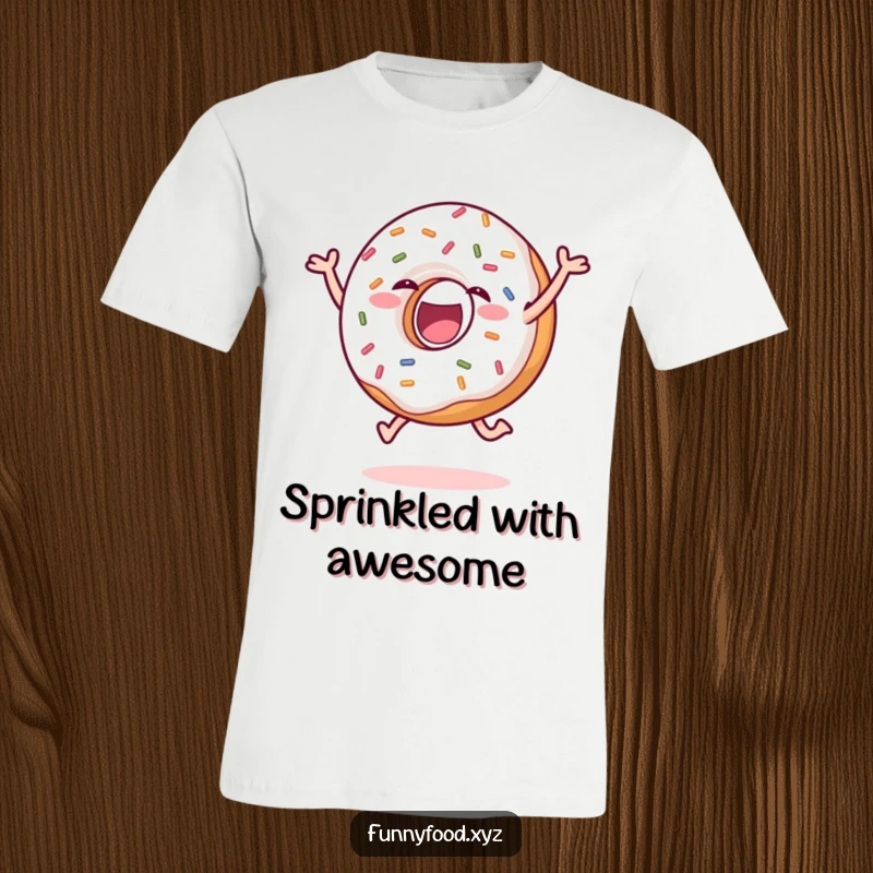 Funny donut t-shirt featuring a delighted donut with sprinkles mid-leap, exuding pure happiness and energetic fun. Ideal funny gift.