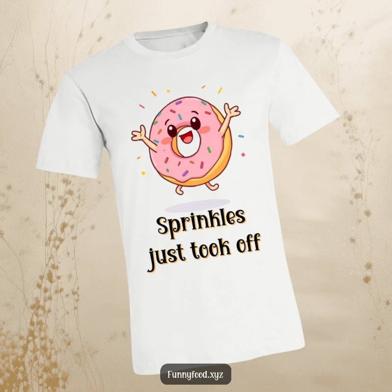 Funny donut t-shirt depicting a happy, anthropomorphic donut mid-jumping jacks, with a flurry of sprinkles adding to the energetic, humorous scene.