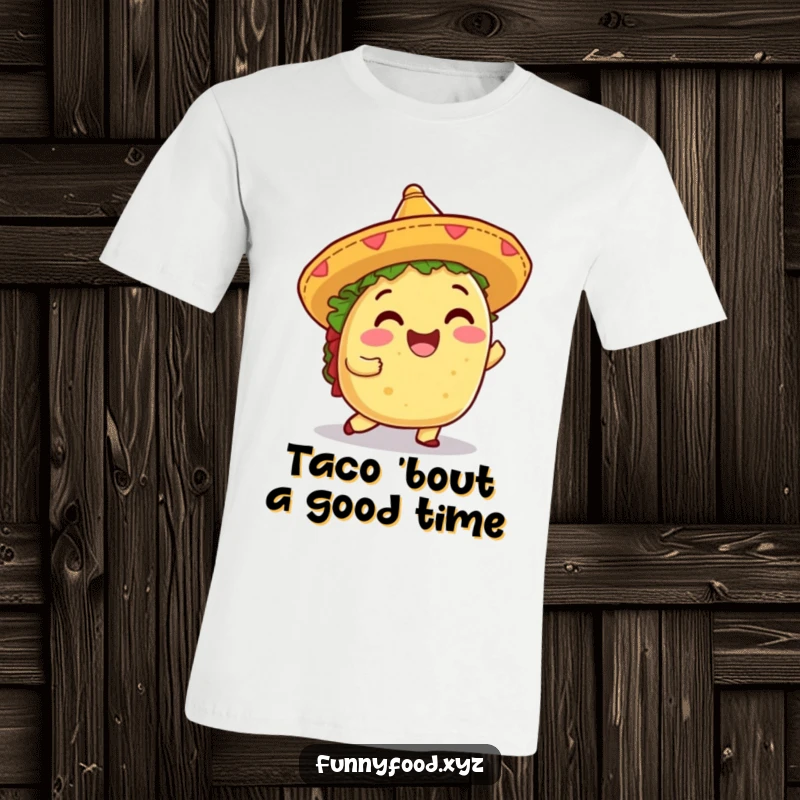 Funny t-shirt featuring a delighted taco in a tiny sombrero, energetically shimmying to the beat.