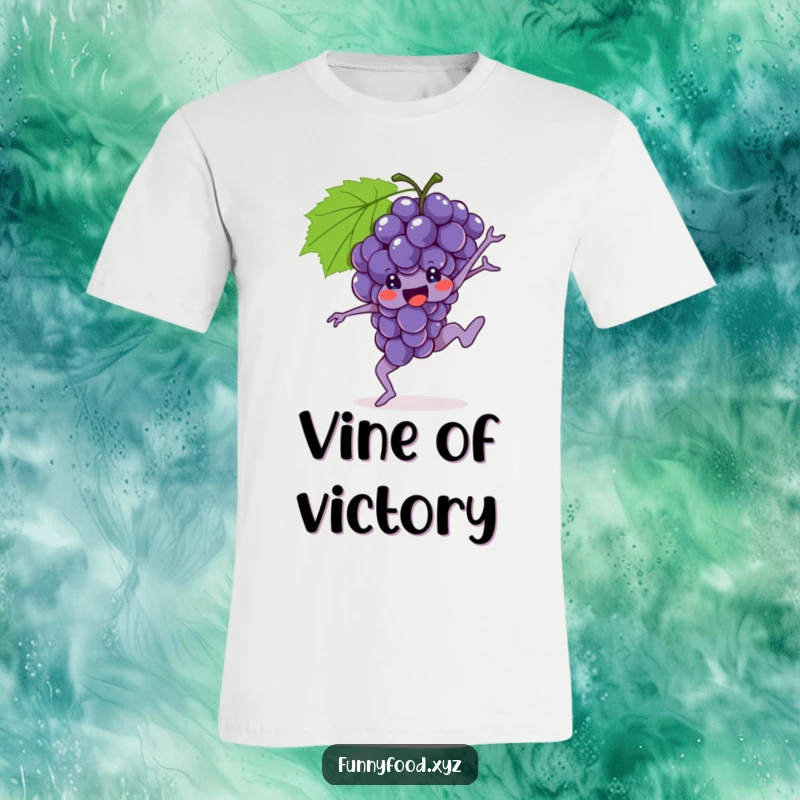 Funny Grapes T-Shirt depicting a brave bunch of grapes executing a dynamic gymnastic move, full of spirit.