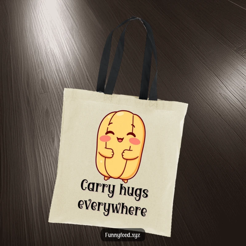 Funny hot dog bun tote bag featuring a smiling bun giving a gentle hug, great for shopping and everyday use.