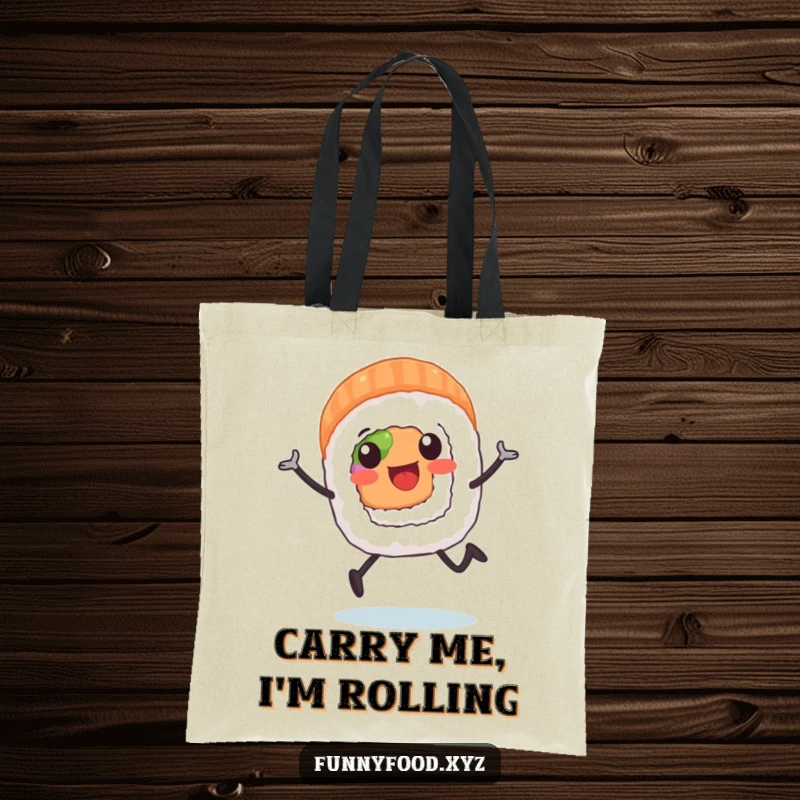 A funny sushi roll character with legs in motion, running enthusiastically on a durable tote bag.