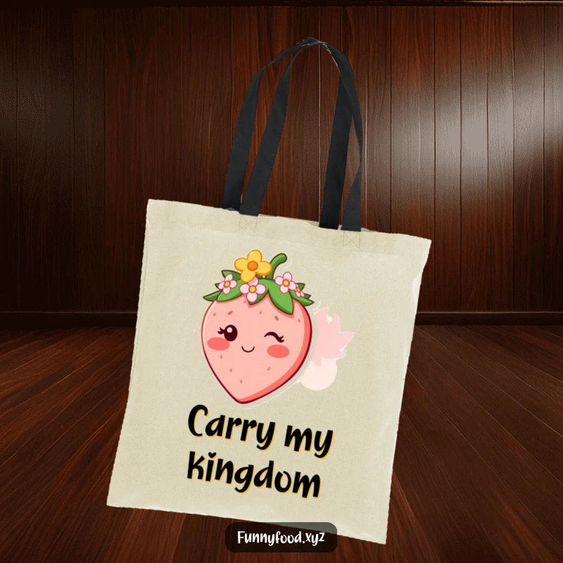 Funny tote bag featuring a smiling strawberry character wearing a beautiful, tiny flower crown, perfect for everyday use.