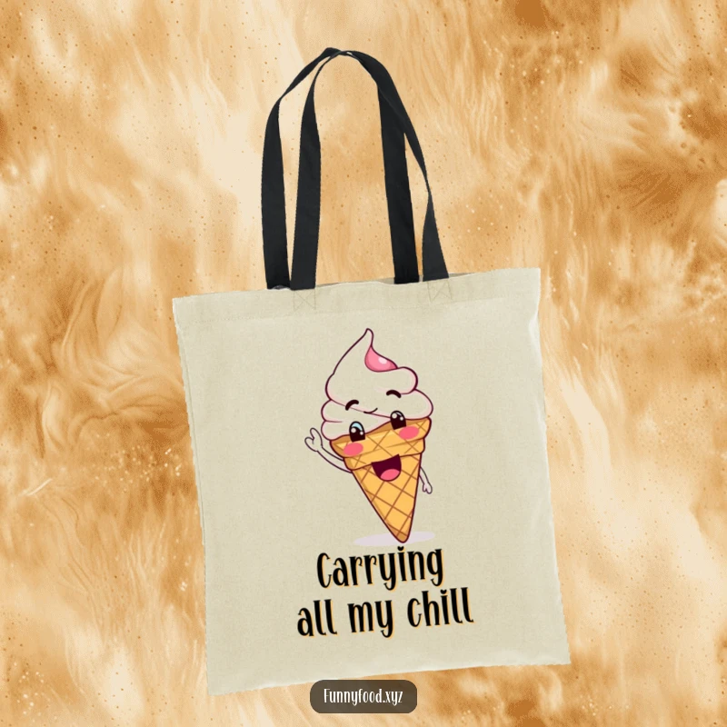 Funny Ice Cream Tote Bag with a goofy ice cream cone waving its scoop, perfect for carrying treats.
