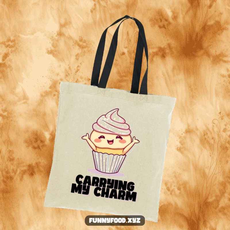 Funny cupcake tote bag showcasing a giggling cupcake in a playful bow, a charming and sweet accessory. Great funny gift.
