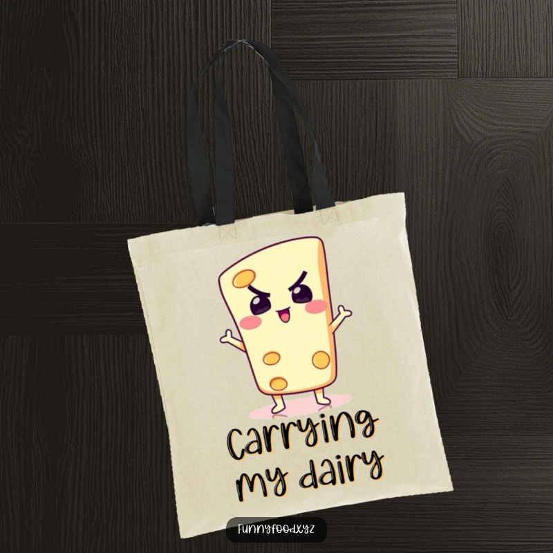 A determined slice of cheese striking a silly pose, a humorous and practical tote bag for carrying your essentials.