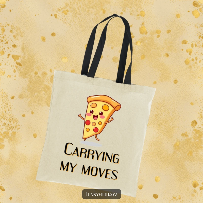 Funny tote bag featuring a playful pizza slice doing a little jig, looking energetic and happy.