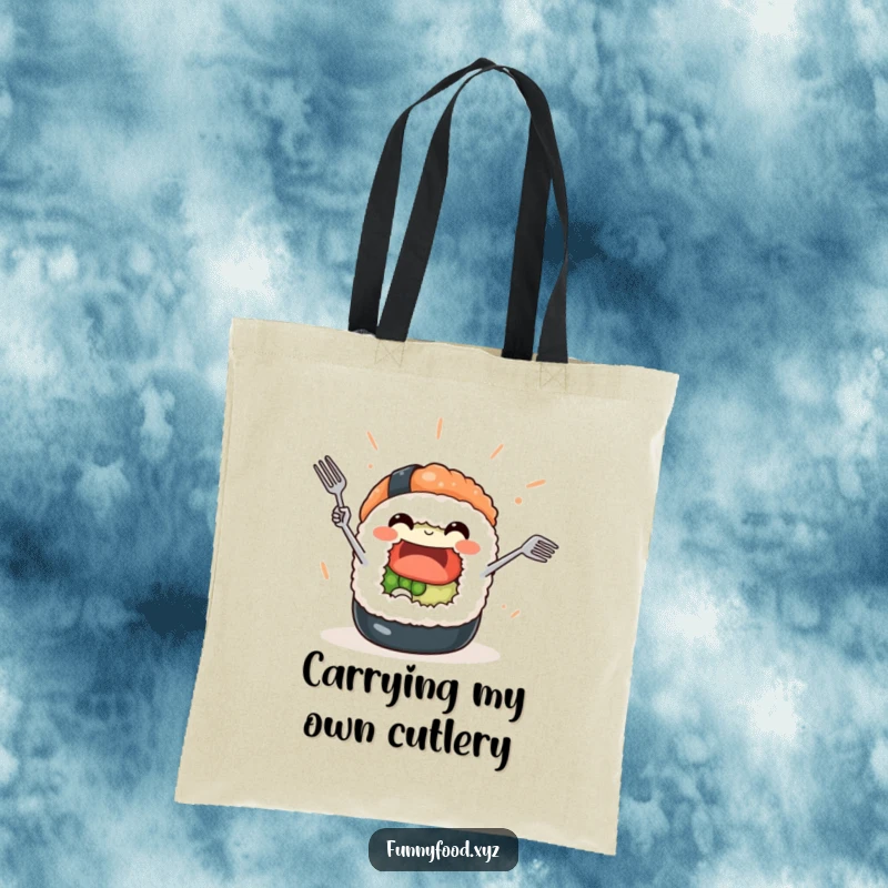 Funny Sushi Roll Tote Bag: A smiling sushi character impressively juggles tiny cutlery, a humorous and useful tote.