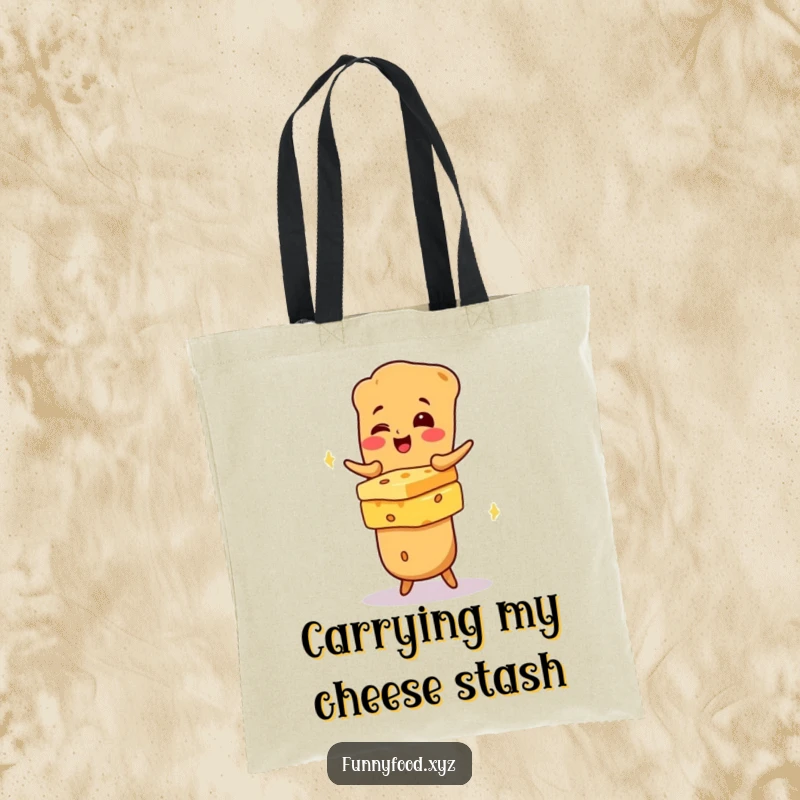 Funny giggling baguette character expertly balancing cheese on a tote bag, ideal for stylish grocery shopping.
