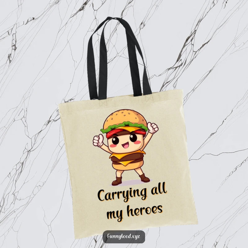 Funny proud burger hero posing powerfully on a tote bag, ideal for carrying essentials with a heroic flair.