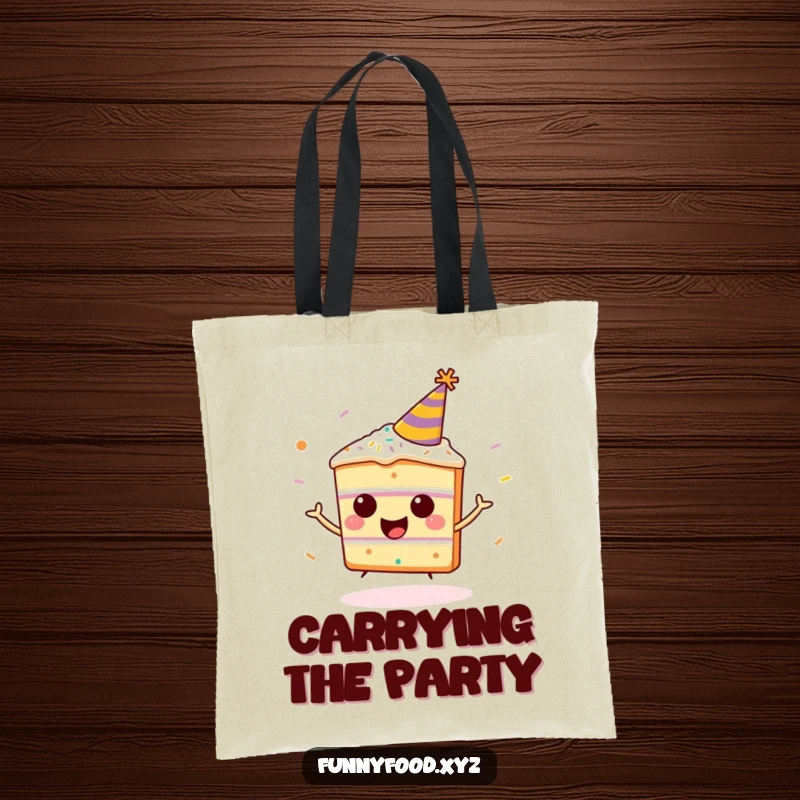 Funny happy cake slice tote bag, wearing a party hat, bouncing with sprinkles, a humorous and festive tote for carrying party essentials.