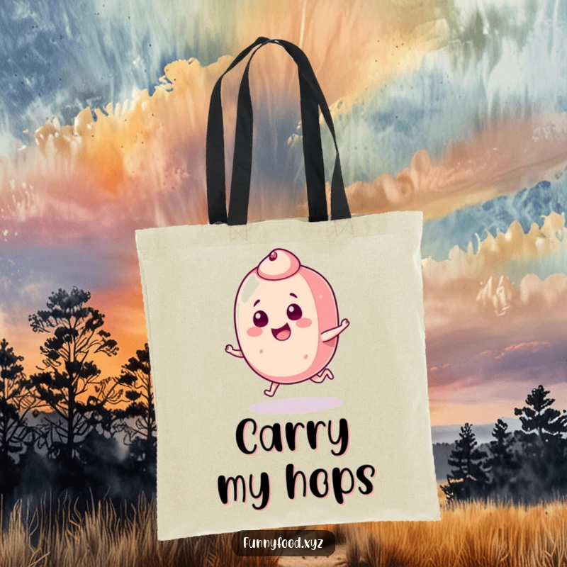 Funny candy piece tote bag featuring a cheerful candy doing a mischievous hop, great for shopping and everyday use.
