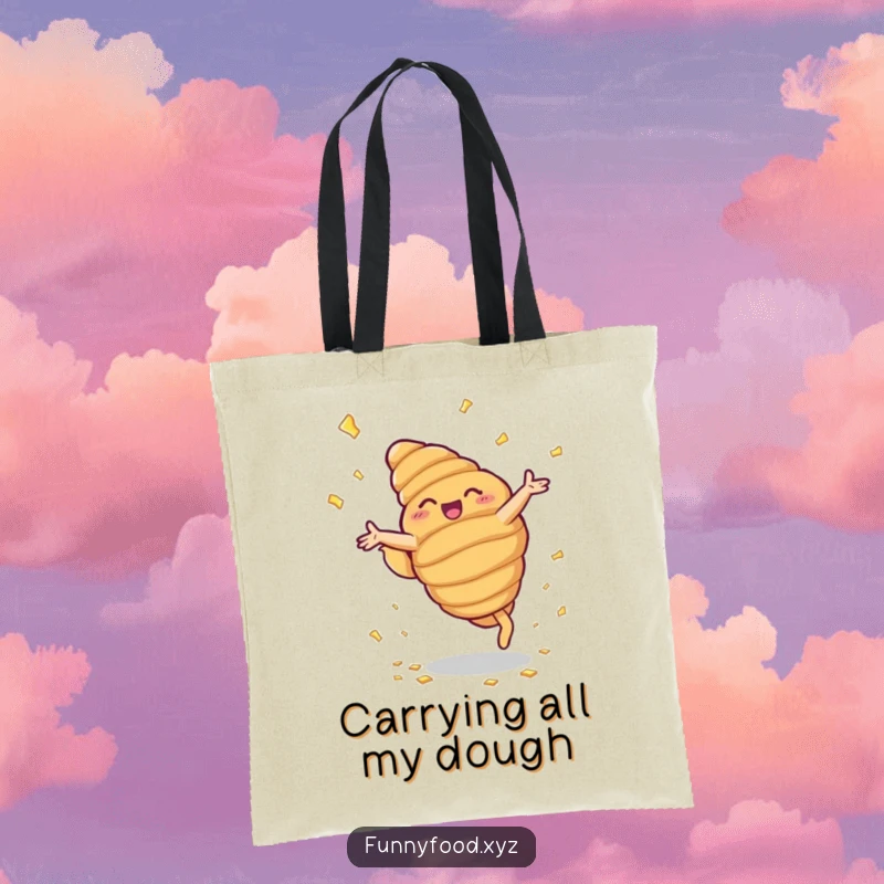 Funny tote bag featuring a beaming anthropomorphic croissant doing cartwheels, scattering buttery flakes.