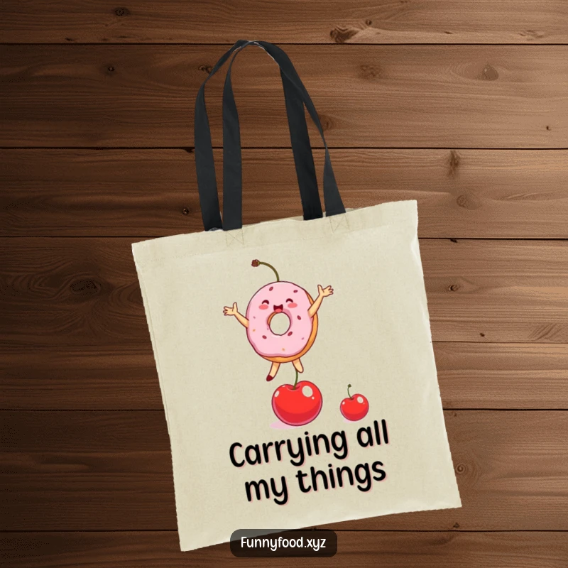 Funny Donut Tote Bag with a happy donut character balancing precariously on a cherry, radiating joy.