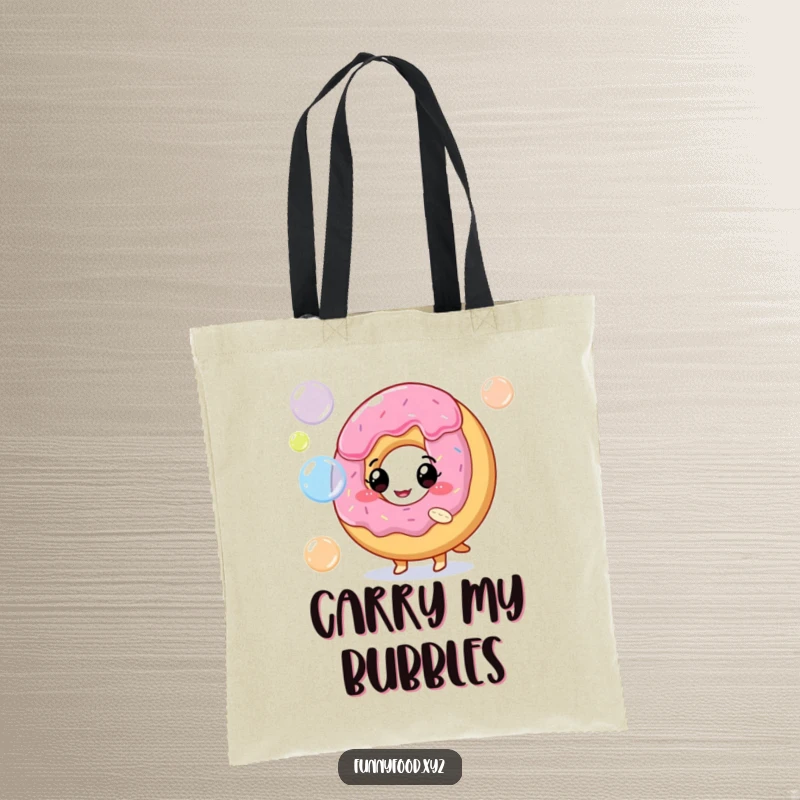 Funny tote bag showcasing a playful donut character blowing a stream of colorful, translucent bubbles.