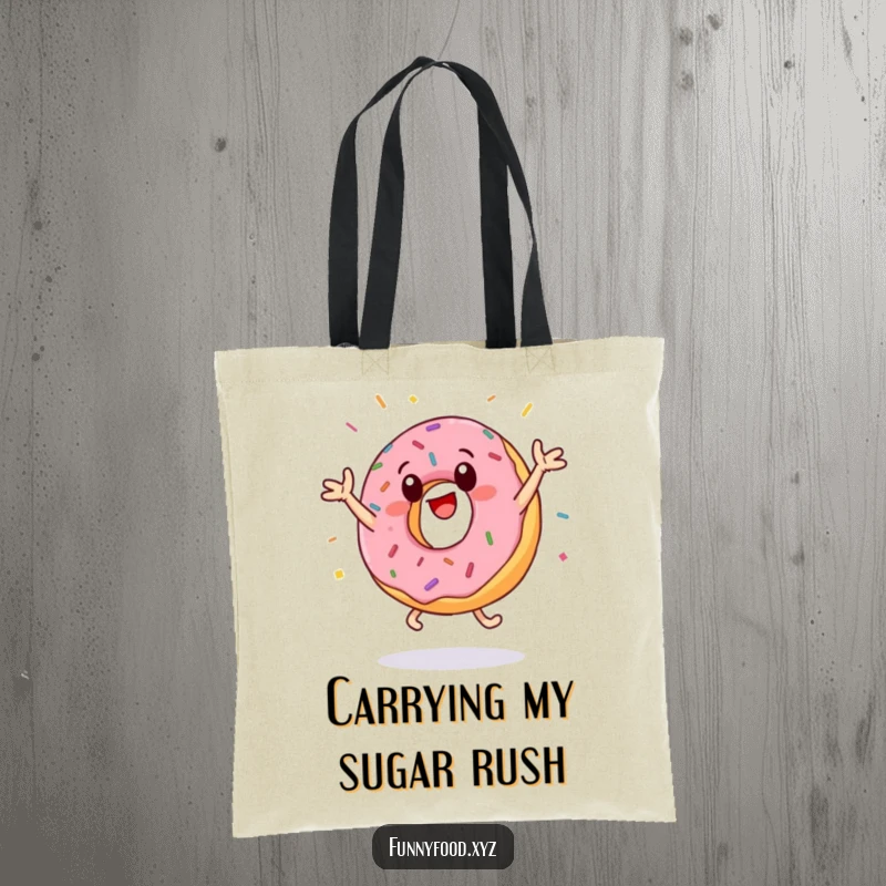 Funny donut tote bag featuring a dynamic anthropomorphic donut executing jumping jacks with playful abandon, sprinkles scattering hilariously.