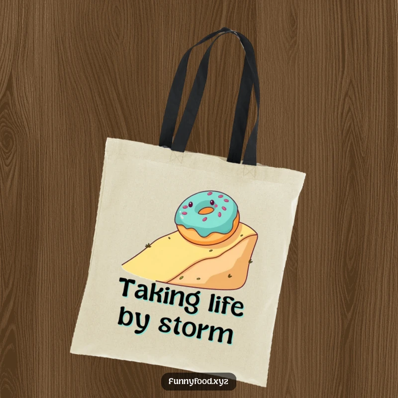 Funny tote bag with a gleeful donut rolling downhill, perfect for carrying items with a touch of sweet adventure.