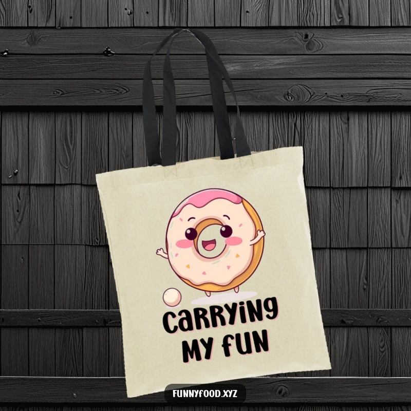 Funny donut tote bag showing a happy, delighted donut character bouncing a tiny ball, perfect for shopping.
