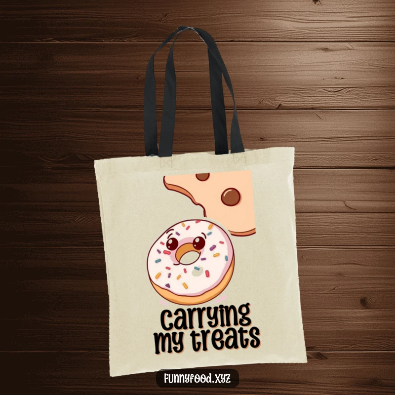 Funny doughnut tote bag, with sprinkles, looking up at a cookie, a humorous and practical accessory for snack enthusiasts.