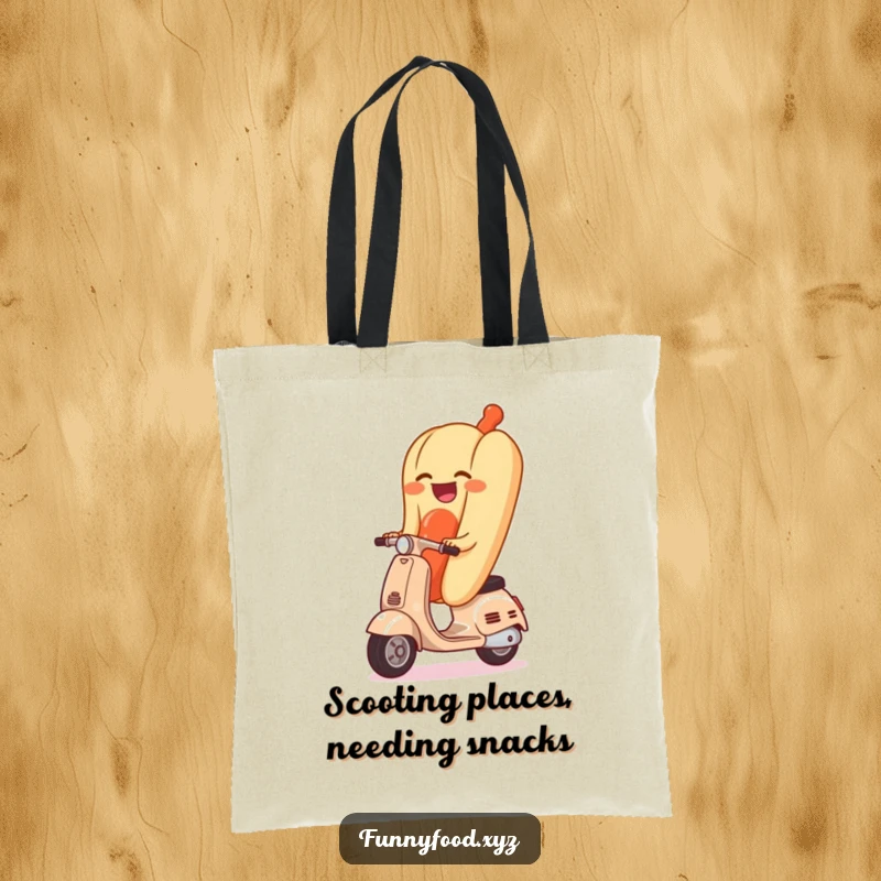 Funny tote bag displaying a joyous hot dog humorously navigating on a small scooter, perfect for market trips or daily errands.