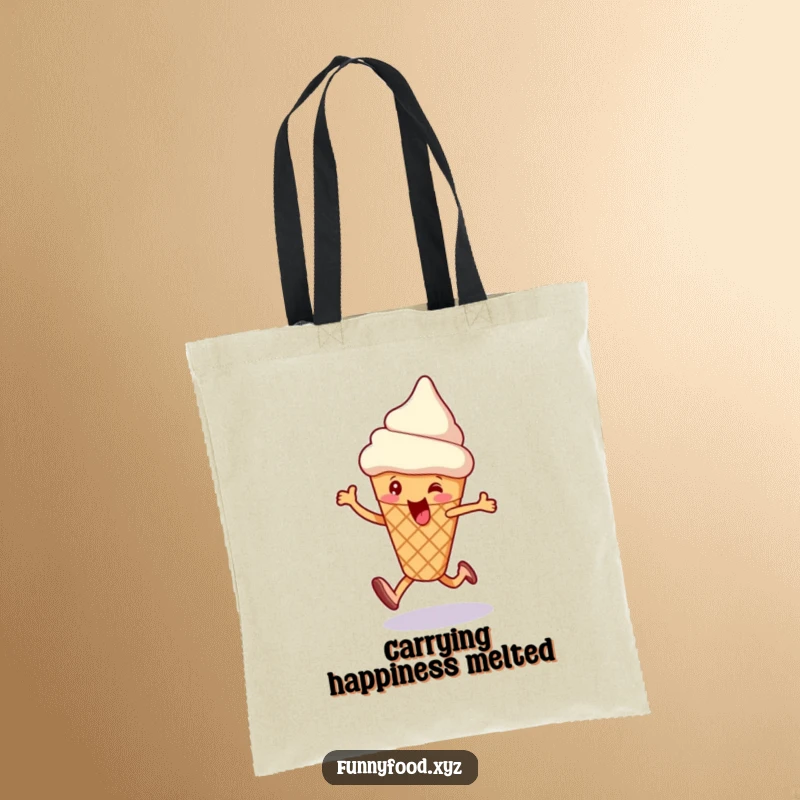 Funny tote bag with a happy skipping ice cream cone, perfect for carrying items with a touch of sweet adventure.