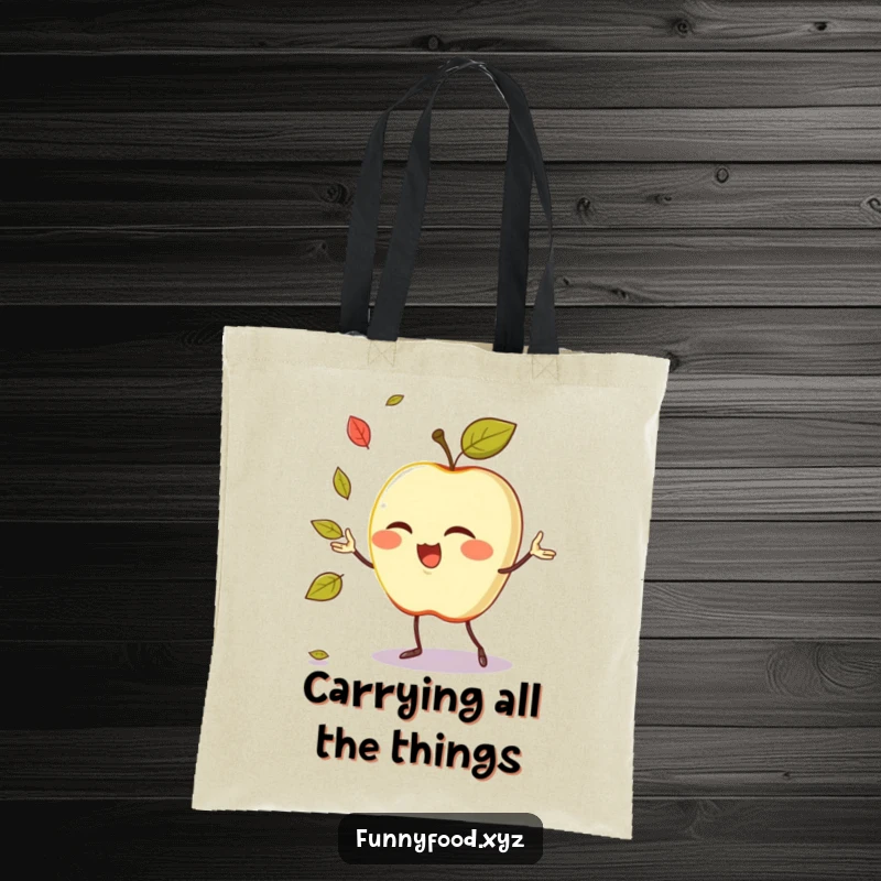 Funny tote bag featuring a winking anthropomorphic apple masterfully juggling small leaves, ideal for carrying humor.