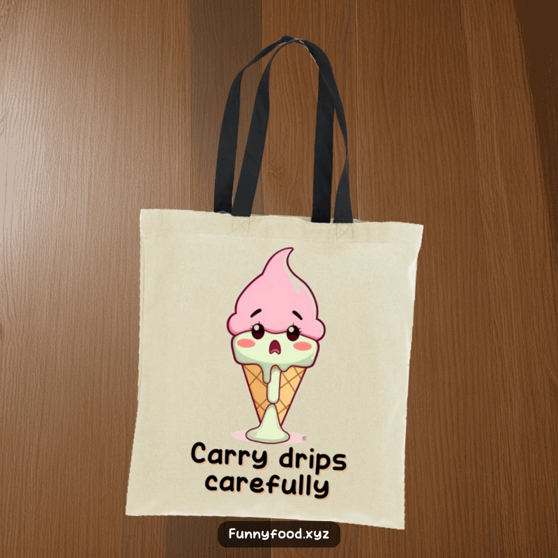 Funny ice cream cone tote bag showing a shocked cone watching its drip melt, great for shopping and everyday use.